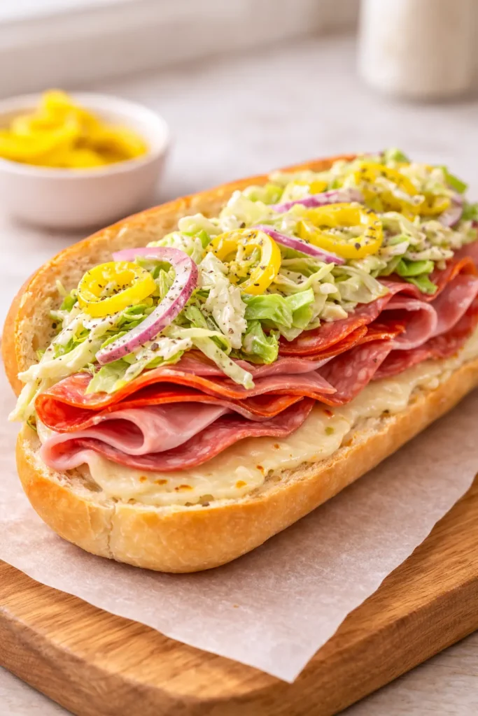 Italian grinder sandwich topped with creamy grinder slaw made from lettuce, red onion, and banana peppers.