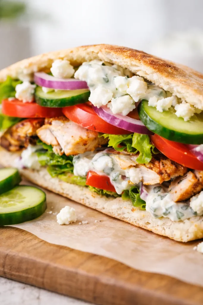 Close-up of a Greek chicken sandwich with tzatziki, cucumber, tomato, red onion, lettuce, and feta cheese inside warm pita bread.