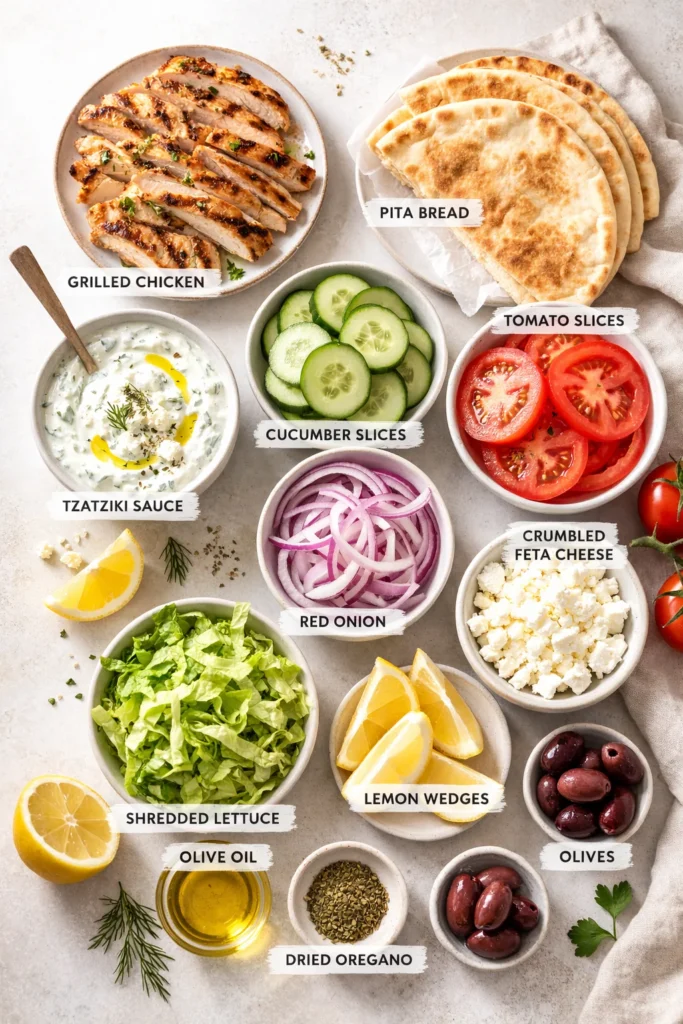 Ingredients for a Greek sandwich including grilled chicken, pita bread, cucumber, tomatoes, red onion, lettuce, feta cheese, and tzatzikIngredients for a Greek sandwich including grilled chicken, pita bread, cucumber, tomatoes, red onion, lettuce, feta cheese, and tzatziki sauce.Ingredients for a Greek sandwich including grilled chicken, pita bread, cucumber, tomatoes, red onion, lettuce, feta cheese, and tzatziki sauce.i sauce.