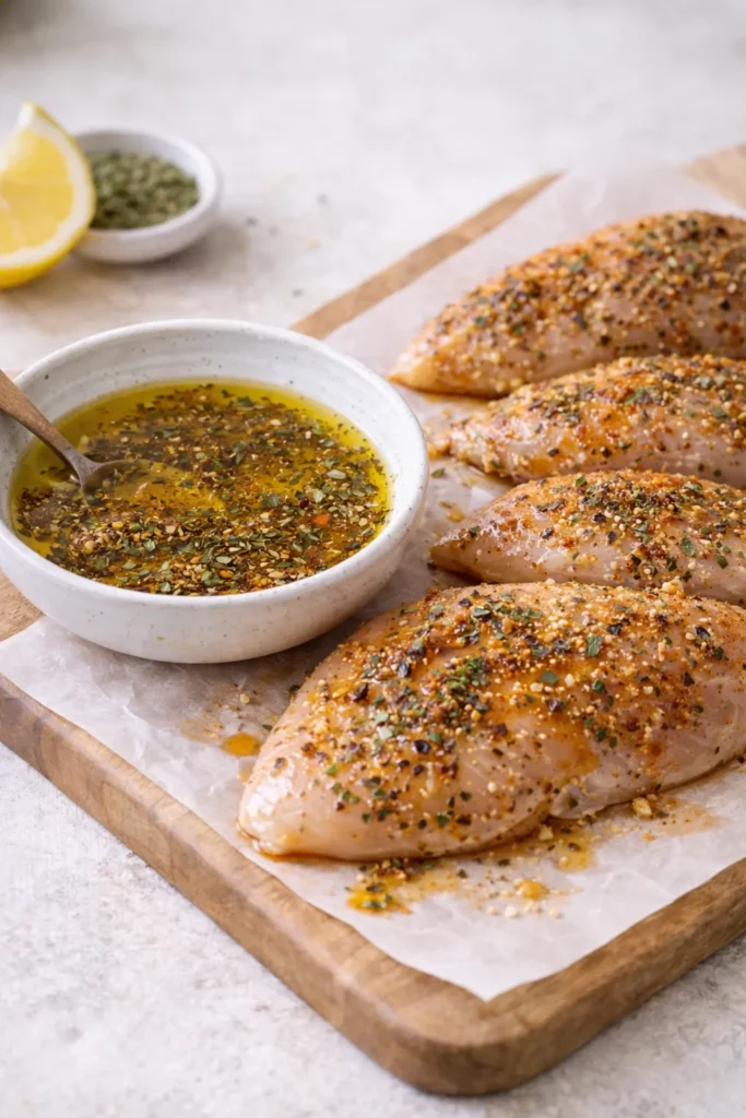 Raw chicken breasts seasoned with olive oil, oregano, paprika, garlic powder, and lemon juice on parchment-lined wooden board