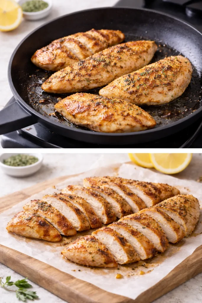 Golden cooked chicken breasts sliced into strips for a Greek sandwich filling.
