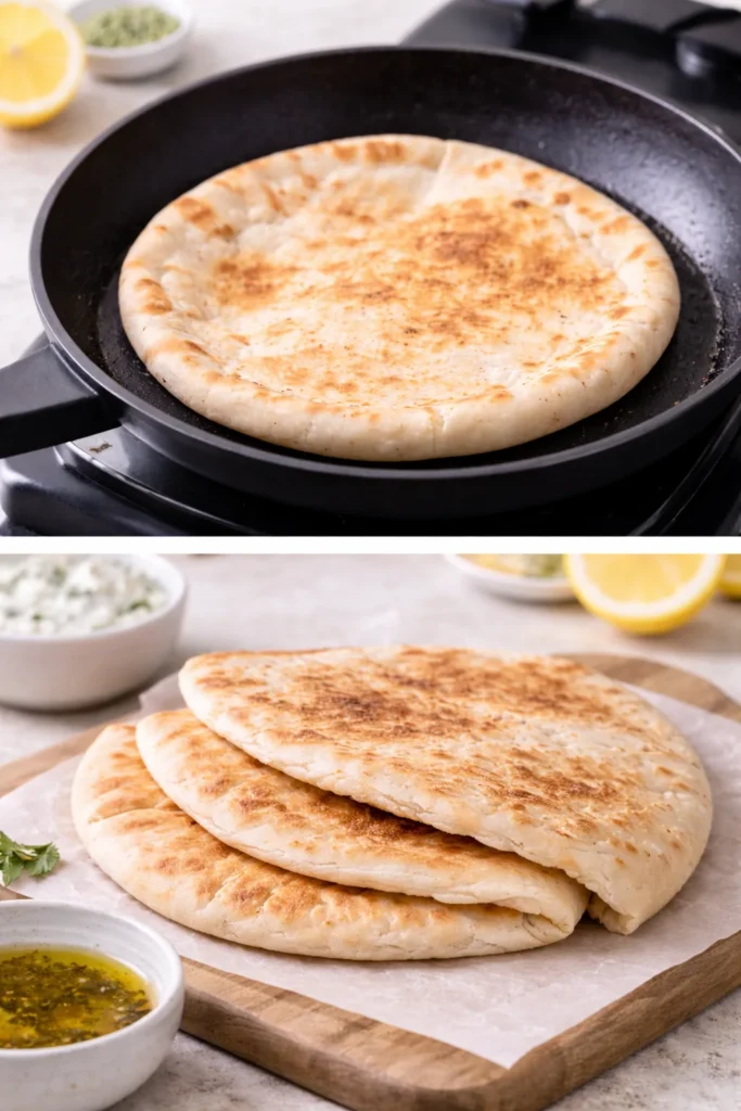 Soft pita bread warming in a skillet to prepare the base for a Greek sandwich.