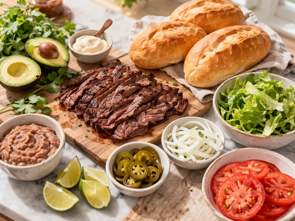 Mexican torta sandwich ingredients including grilled steak, bolillo bread, avocado, lettuce, tomatoes, jalapeños, refried beans, and creamy sauce arranged on a wooden board