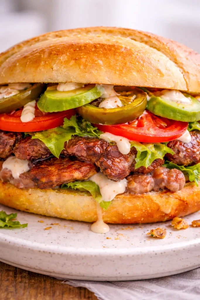 Mexican torta sandwich cut in half showing grilled steak, avocado, tomato, lettuce, and creamy sauce inside golden bolillo bread on a ceramic plate