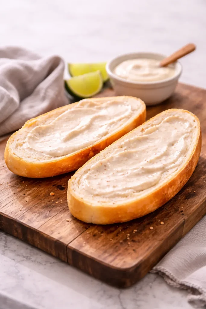 Bolillo bread sliced and spread with creamy sauce on a wooden board, preparing a Mexican torta sandwich