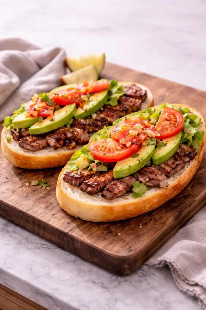 Mexican torta sandwich assembly with grilled steak, avocado, tomato, and lettuce layered inside bolillo bread