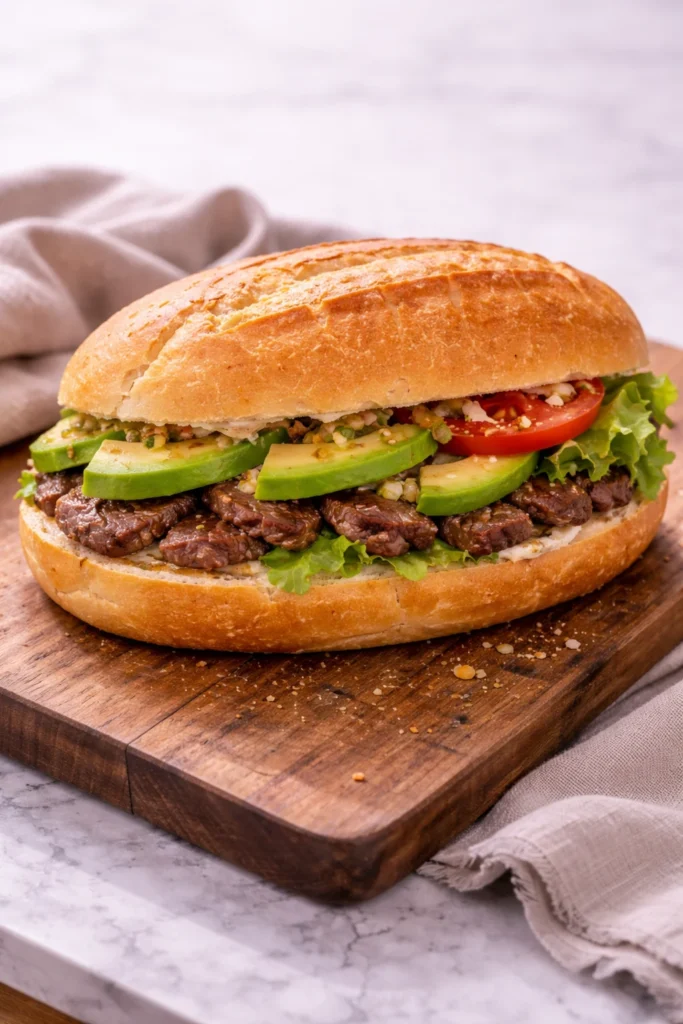 Fully assembled Mexican torta sandwich with steak and avocado on bolillo bread, ready to serve