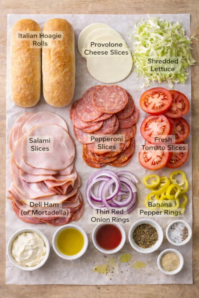Italian grinder sandwich ingredients labeled in an overhead flat lay with hoagie rolls, provolone, salami, pepperoni, ham, lettuce, tomatoes, red onion, banana peppers, and grinder dressing ingredients.
