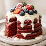 Red velvet pancakes stack with cream cheese glaze, strawberries and blueberries on top, soft fluffy texture