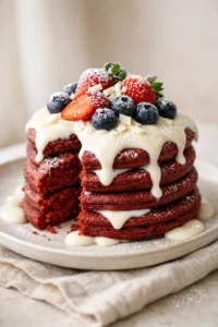 Red velvet pancakes stack with cream cheese glaze, strawberries and blueberries on top, soft fluffy texture