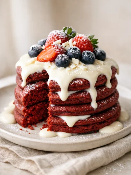 Red velvet pancakes stack with cream cheese glaze, strawberries and blueberries on top, soft fluffy texture