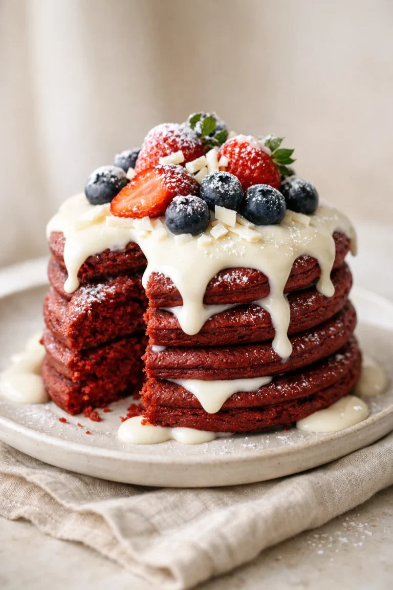 Red velvet pancakes stack with cream cheese glaze, strawberries and blueberries on top, soft fluffy texture