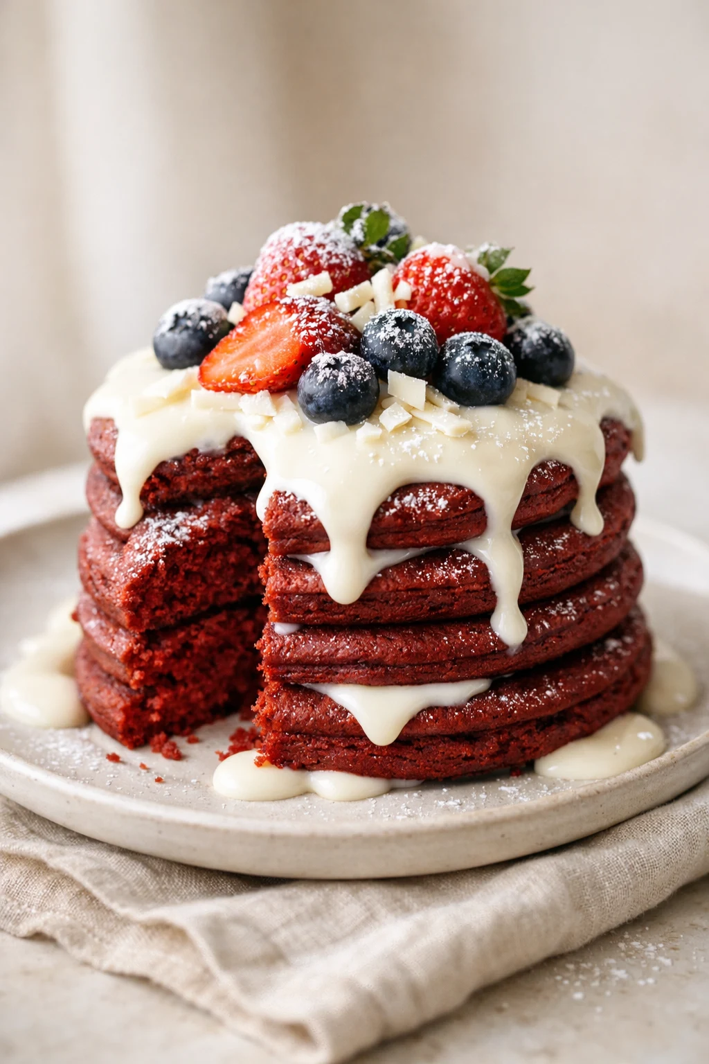 Red velvet pancakes stack with cream cheese glaze, strawberries and blueberries on top, soft fluffy texture