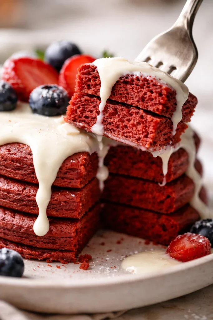 Close-up of red velvet pancakes crumb with cream cheese glaze dripping, fork lifting a soft moist bite

