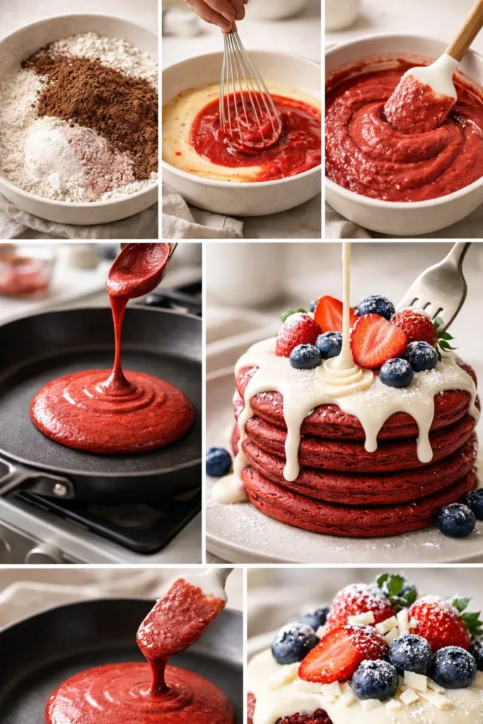 Step by step red velvet pancakes process collage with mixing ingredients, whisking red batter, cooking pancakes and finishing with cream cheese glaze, strawberries and blueberries