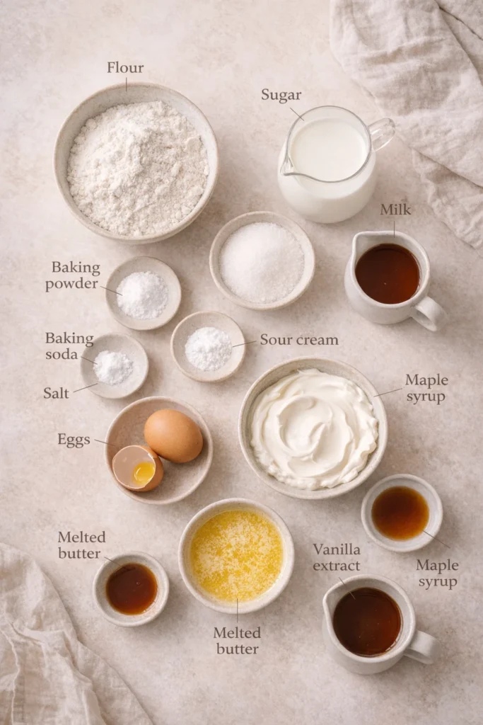 Sour cream pancakes ingredients: flour, sugar, baking powder, baking soda, salt, eggs, milk, butter, vanilla, sour cream, maple syrup