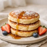 Sour cream pancakes with maple syrup and fresh berries