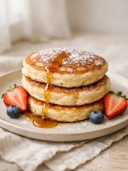 Sour cream pancakes with maple syrup and fresh berries