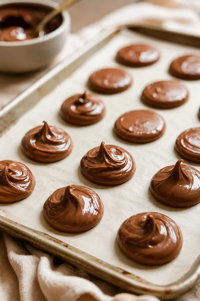 Glossy Nutella dollops piped onto parchment paper on a baking tray, prepared for making Nutella stuffed pancakes.