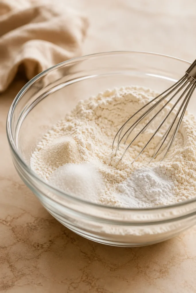 Flour, sugar, baking powder, and other dry pancake ingredients being whisked together in a clear glass bowl.