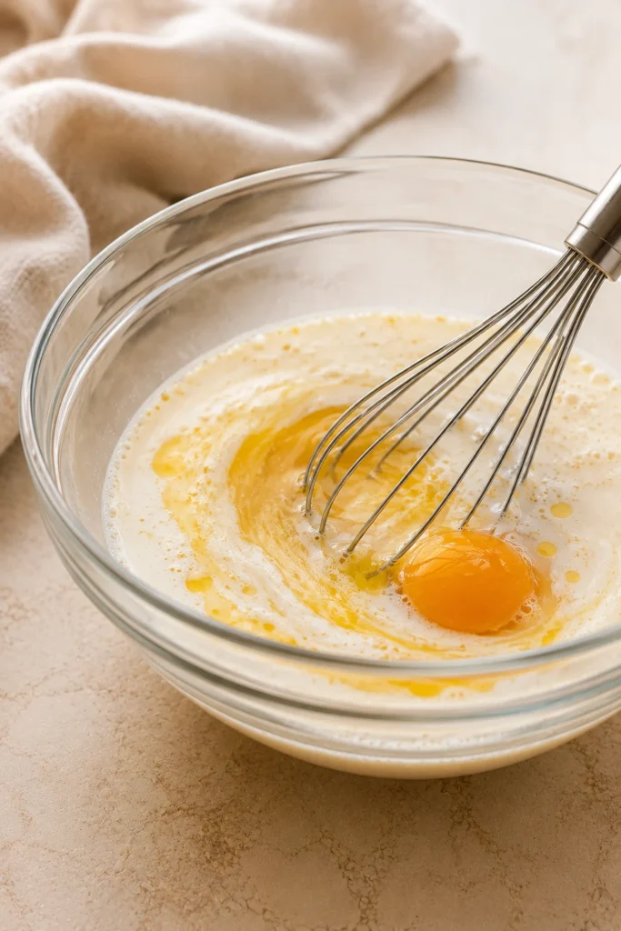 Egg, milk, melted butter, and vanilla being whisked in a glass bowl to make pancake batter.
