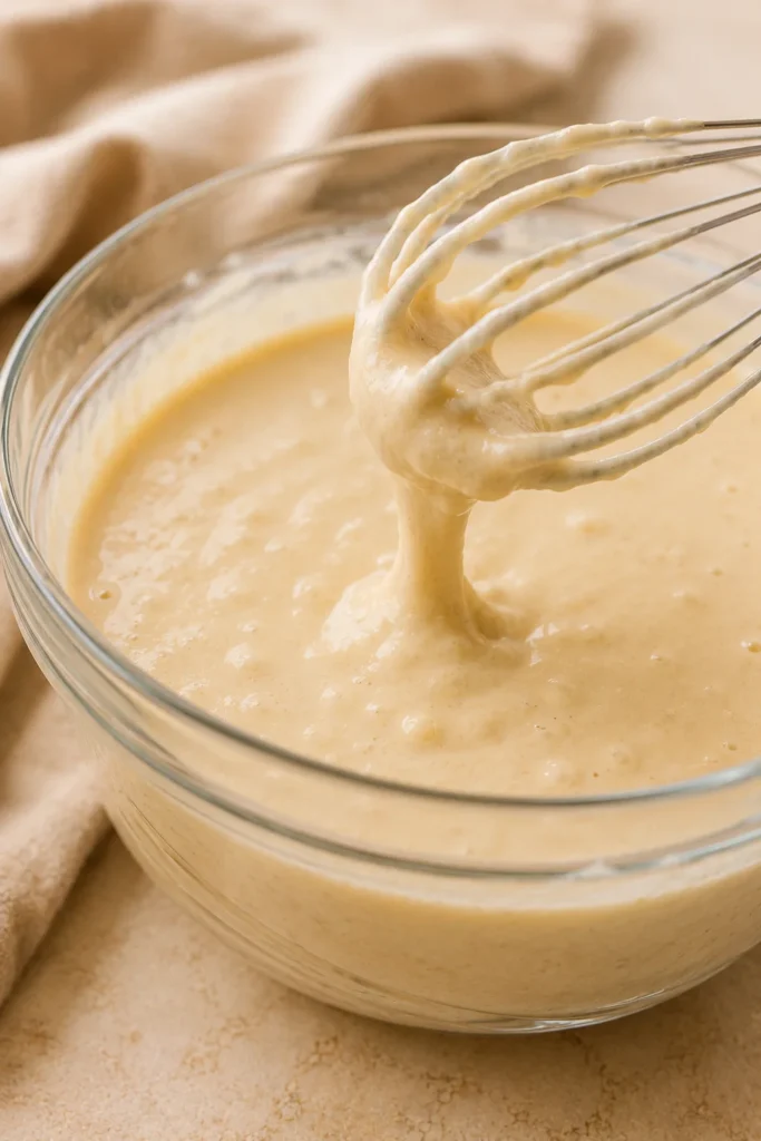 Thick homemade pancake batter being gently mixed in a glass bowl until smooth with soft lumps remaining.