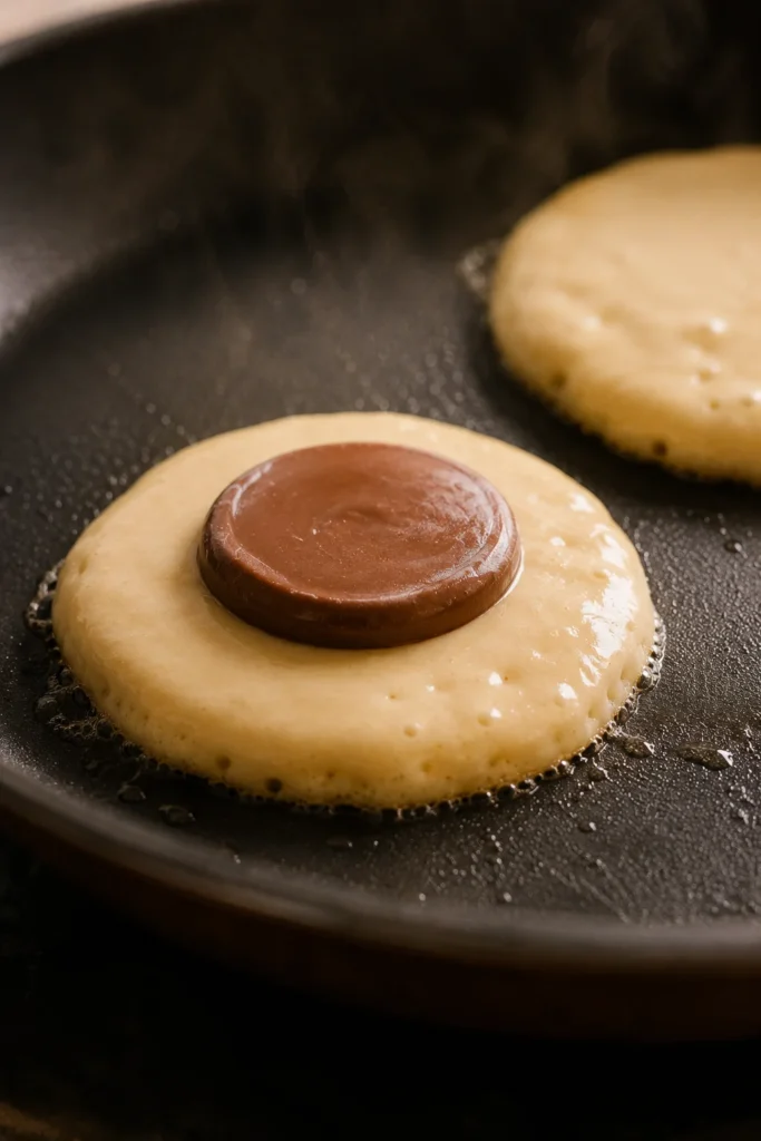 Frozen Nutella disc placed in the center of pancake batter cooking in a non-stick skillet.