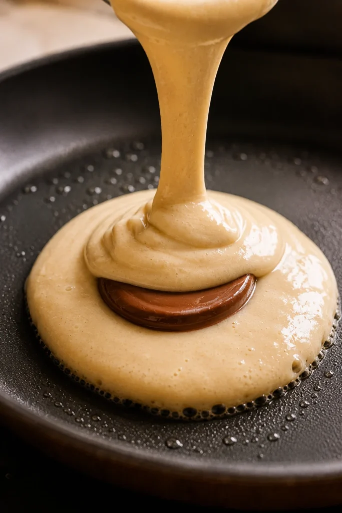 Pancake batter being poured over a Nutella center in a skillet to create stuffed Nutella pancakes.