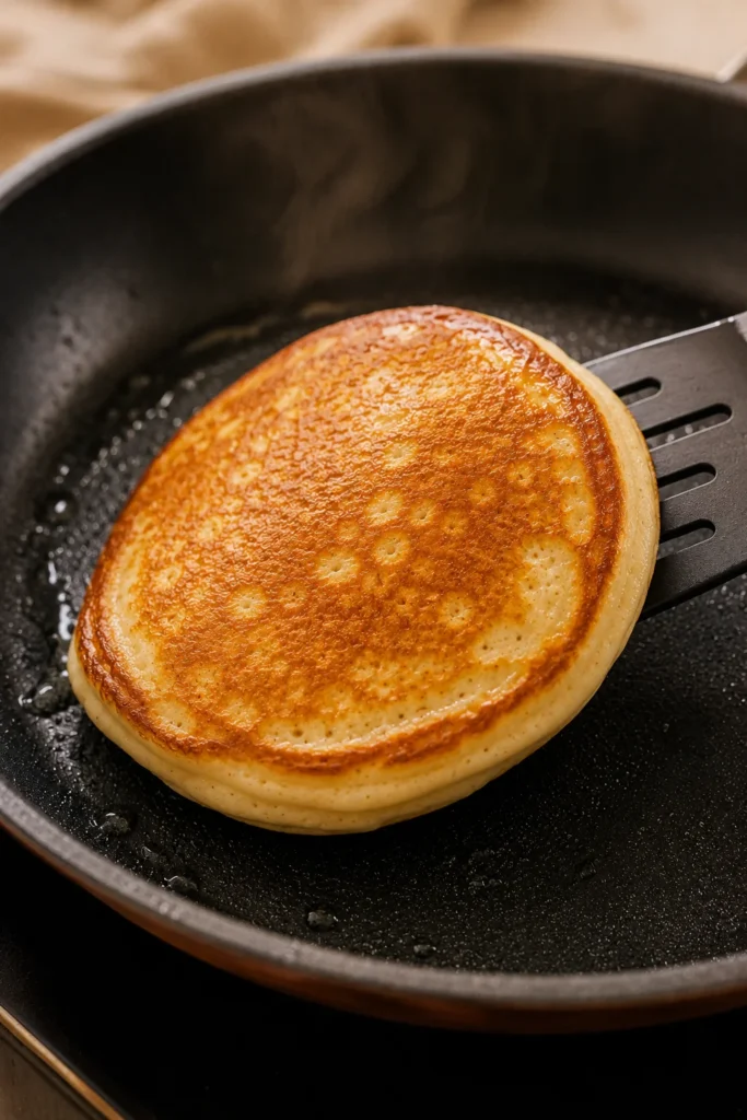Golden brown Nutella stuffed pancake cooking in a black skillet with a fluffy texture and buttery surface.