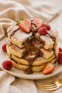 Nutella stuffed pancakes with molten center and fresh berries