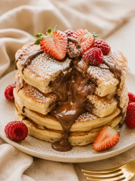 Nutella stuffed pancakes with molten center and fresh berries