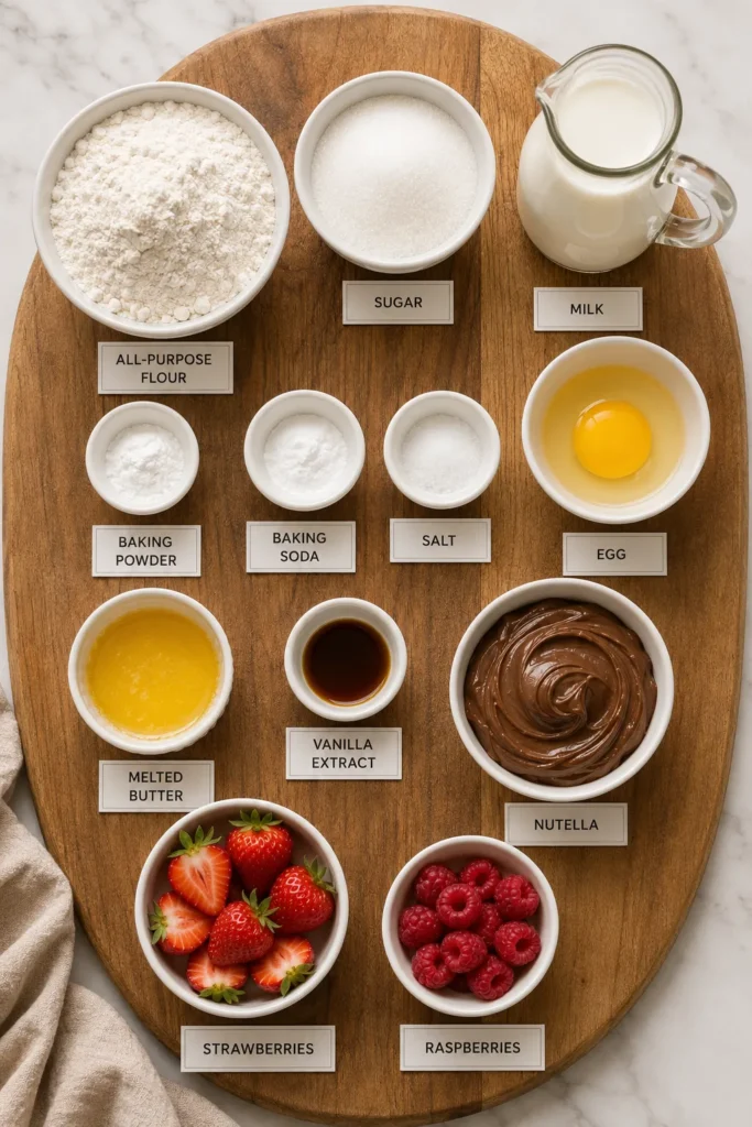 Neatly arranged Nutella pancake ingredients in labeled white bowls on a wooden board, photographed overhead in bright natural light.