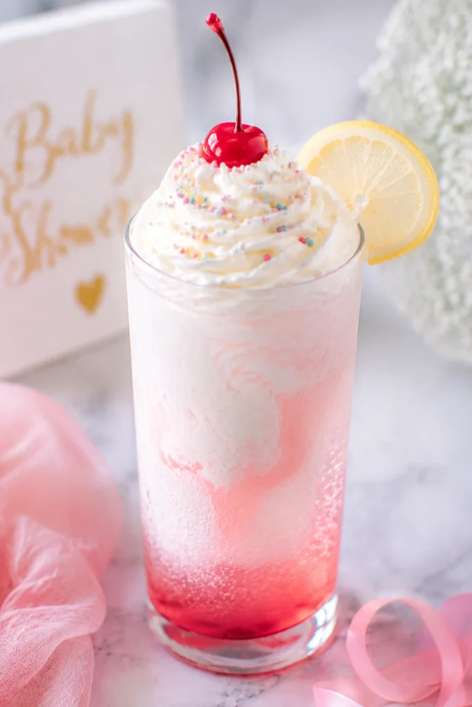 “Finished Italian Cream Soda with colorful straw, layered red, blue, and cream, ready to serve.”