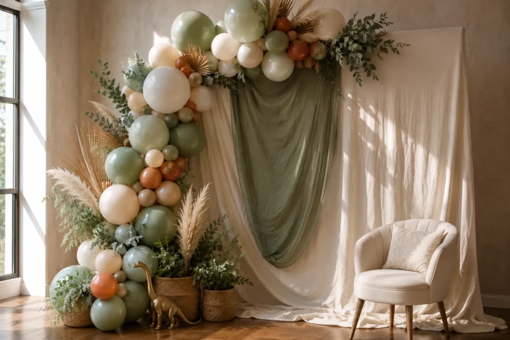 Elegant dinosaur baby shower table setup with sage green balloons, eucalyptus and gold dinosaur decorations