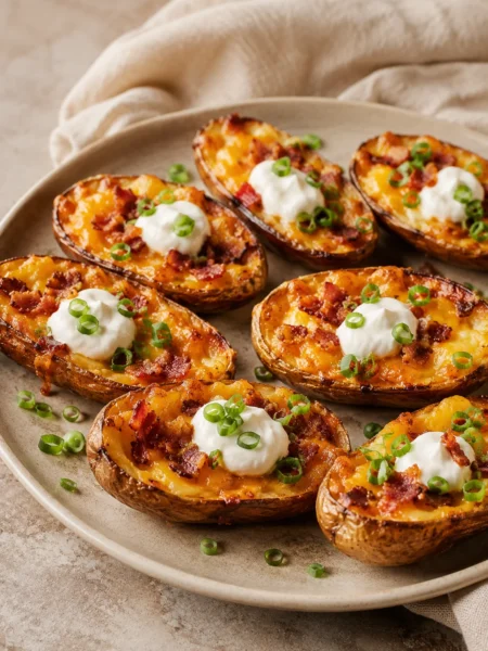 Loaded potato skins topped with melted cheese, bacon, sour cream, and green onions.