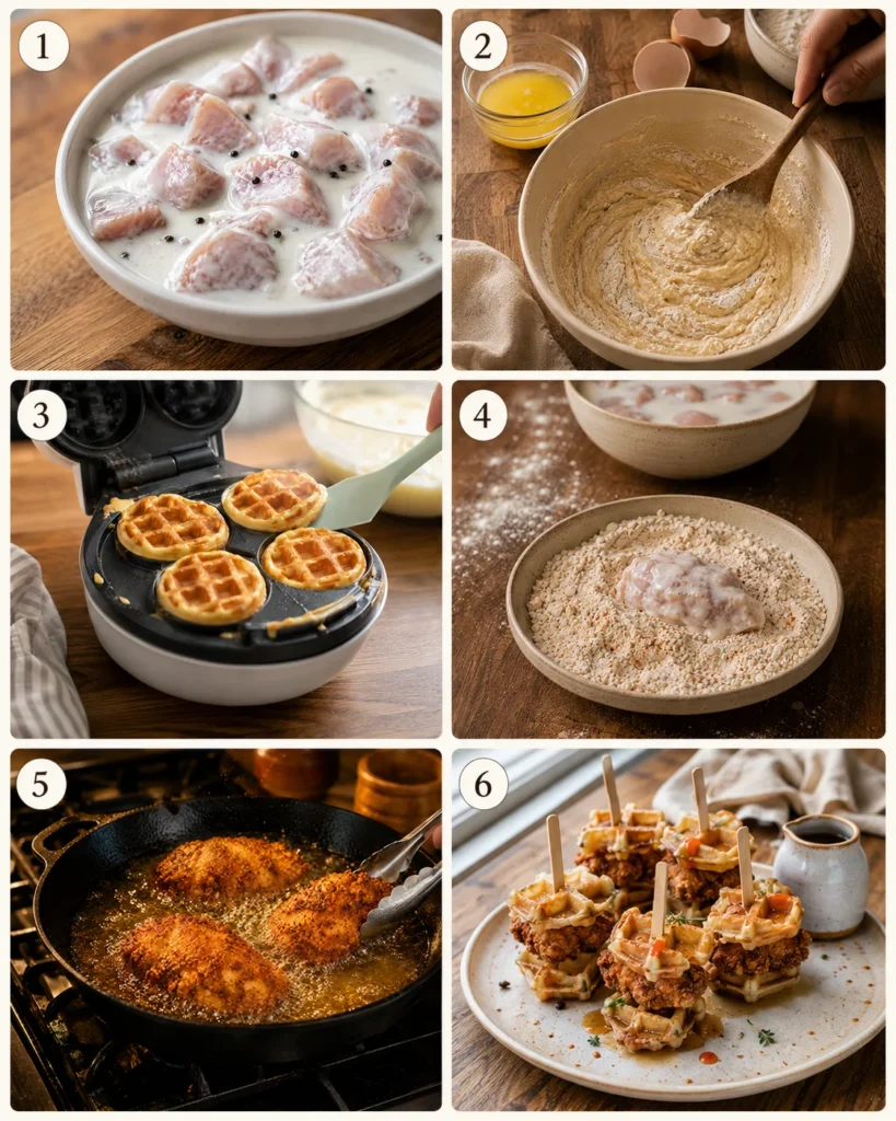 Mini chicken and waffle sliders step-by-step recipe collage.