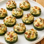 Baked zucchini bites topped with spinach artichoke cheese filling.