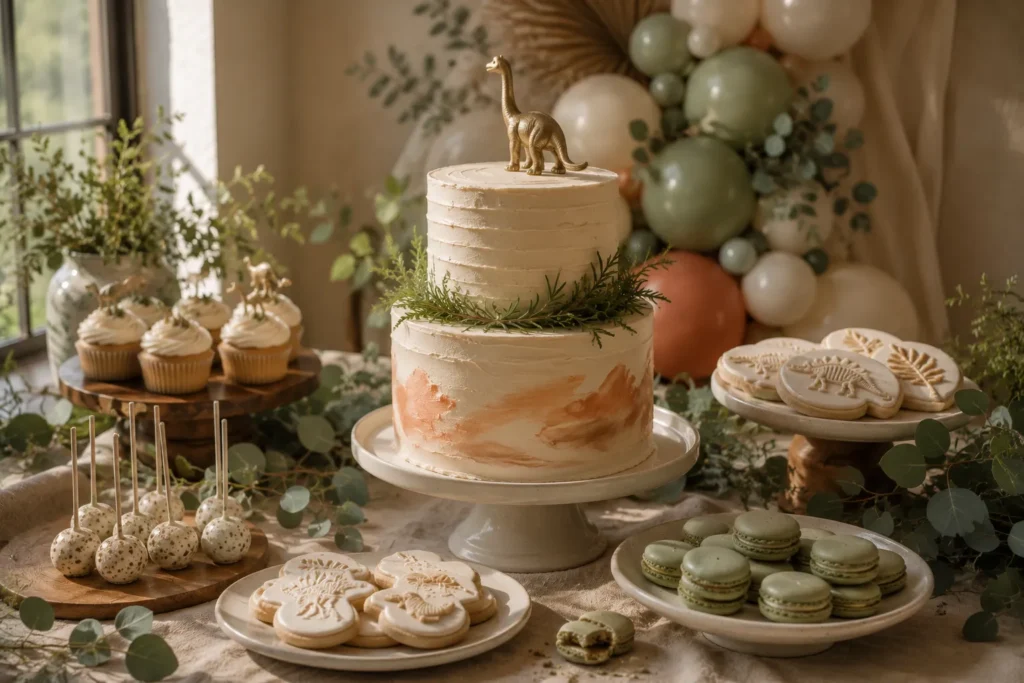 Dinosaur baby shower dessert table with sage green macarons, fossil cookies and a two-tier cake
