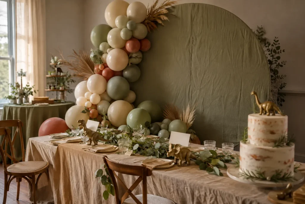 Elegant dinosaur baby shower table setup with sage green balloons, eucalyptus and gold dinosaur decorations