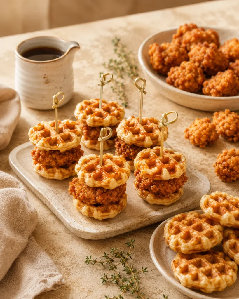 mini waffles and crispy fried chicken bites being arranged
