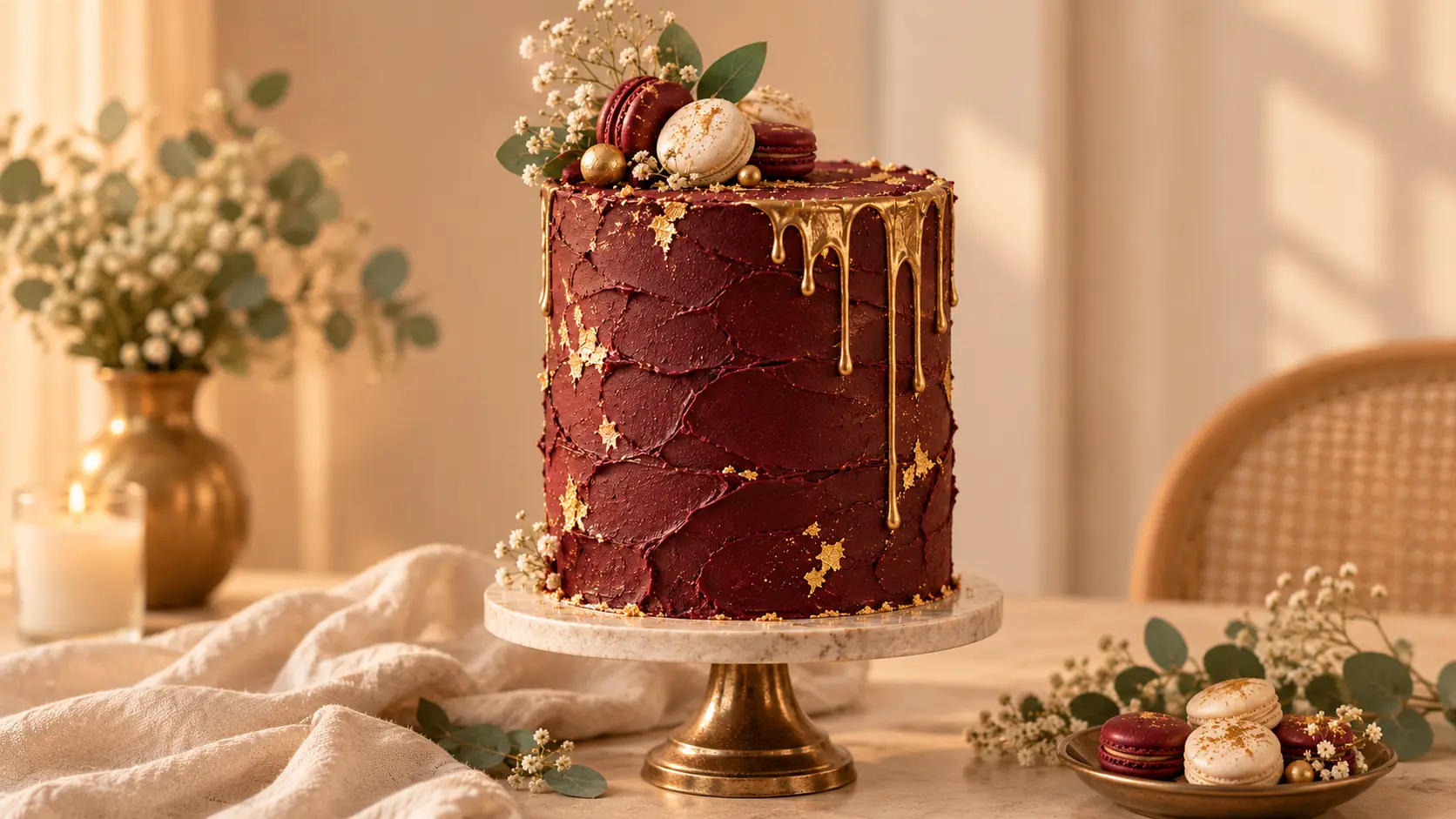 Elegant burgundy and antique gold Harry Potter baby shower cake with textured buttercream, gold drip, macarons, and warm neutral styling