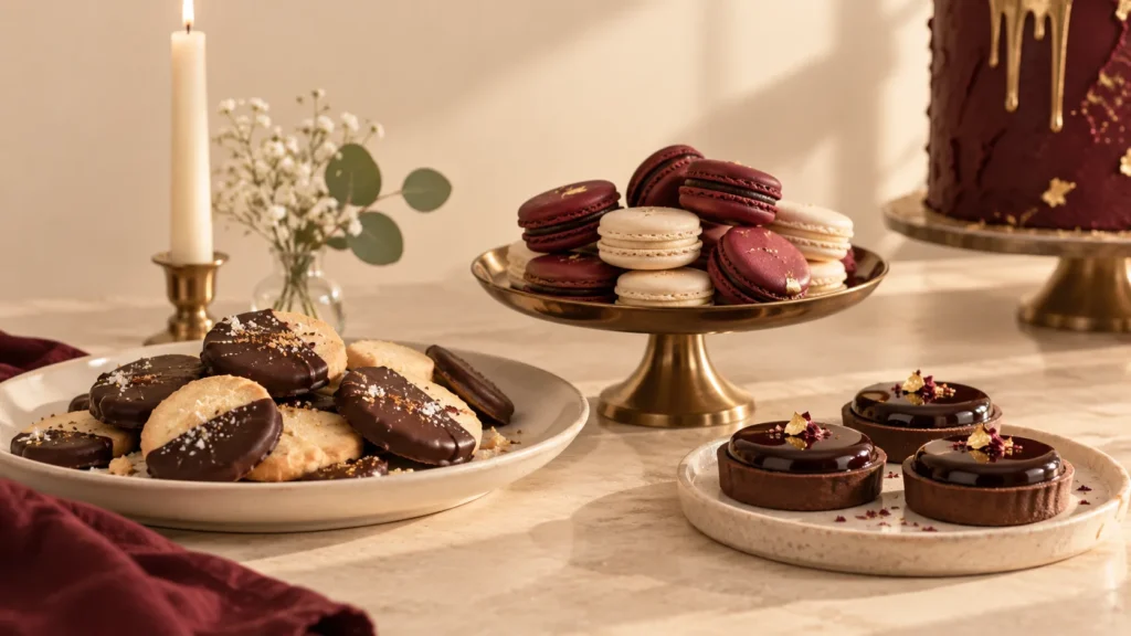 Harry Potter-inspired baby shower desserts with burgundy macarons, chocolate tarts and chocolate-dipped shortbread