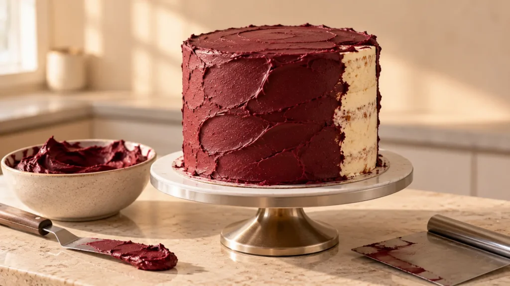 Harry Potter-inspired baby shower cake being decorated with deep burgundy buttercream using an offset spatula.