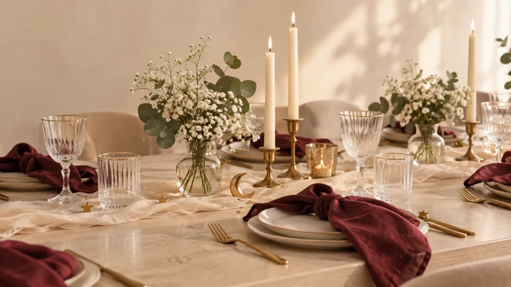 Minimalist Harry Potter-inspired baby shower tablescape with burgundy napkins, gold accents, ivory candles and baby's breath.