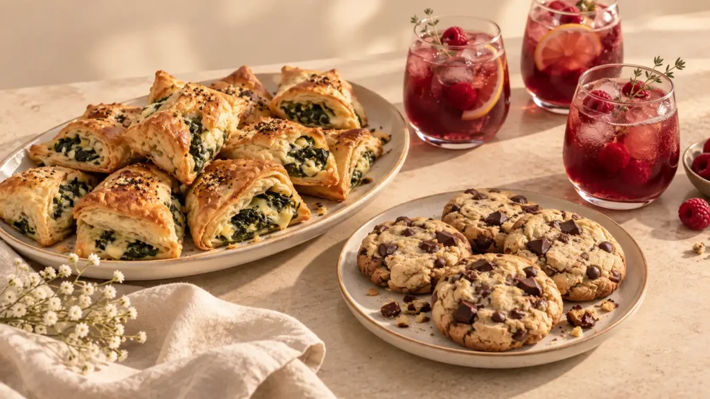Harry Potter baby shower food with spinach puff pastries, chocolate chip cookies and raspberry mocktails.