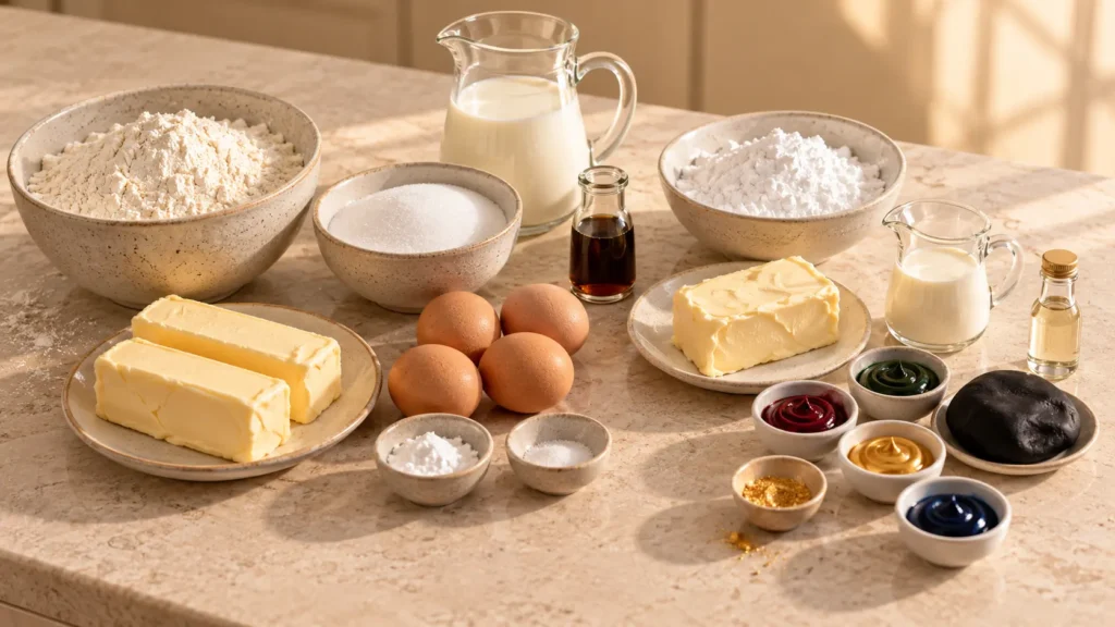 Ingredients for a homemade Harry Potter baby shower cake with butter, eggs, flour, sugar and burgundy decorating colors.