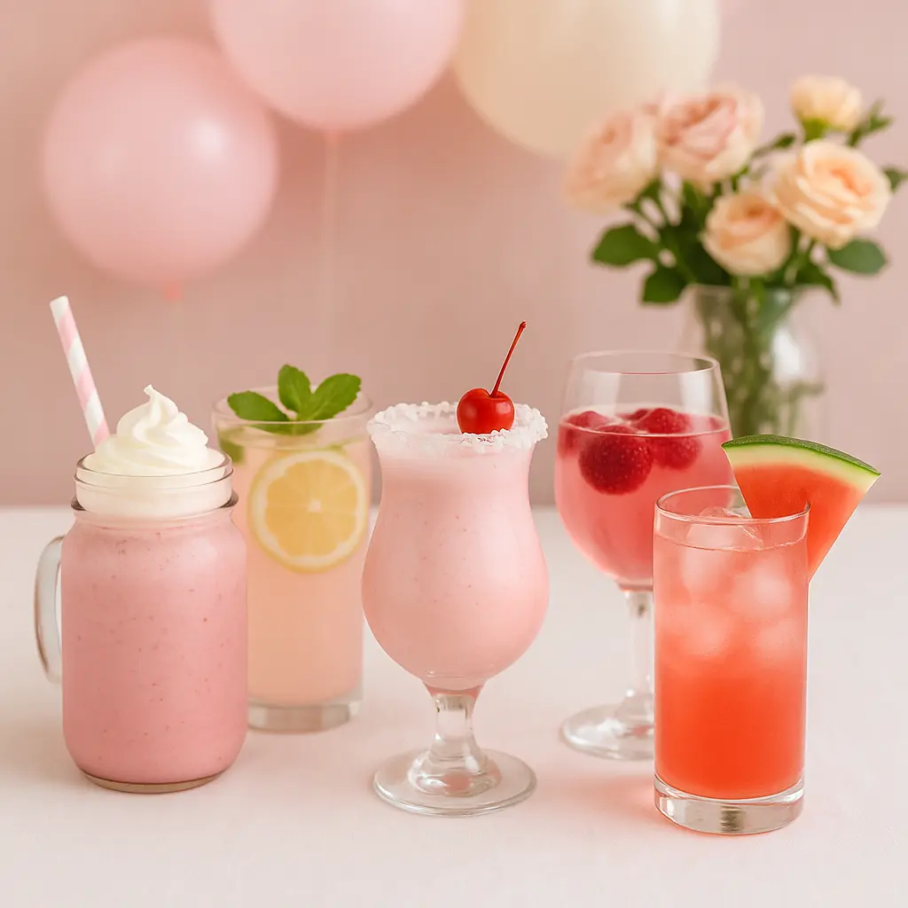 Pink baby shower drinks arranged on an elegant drink table