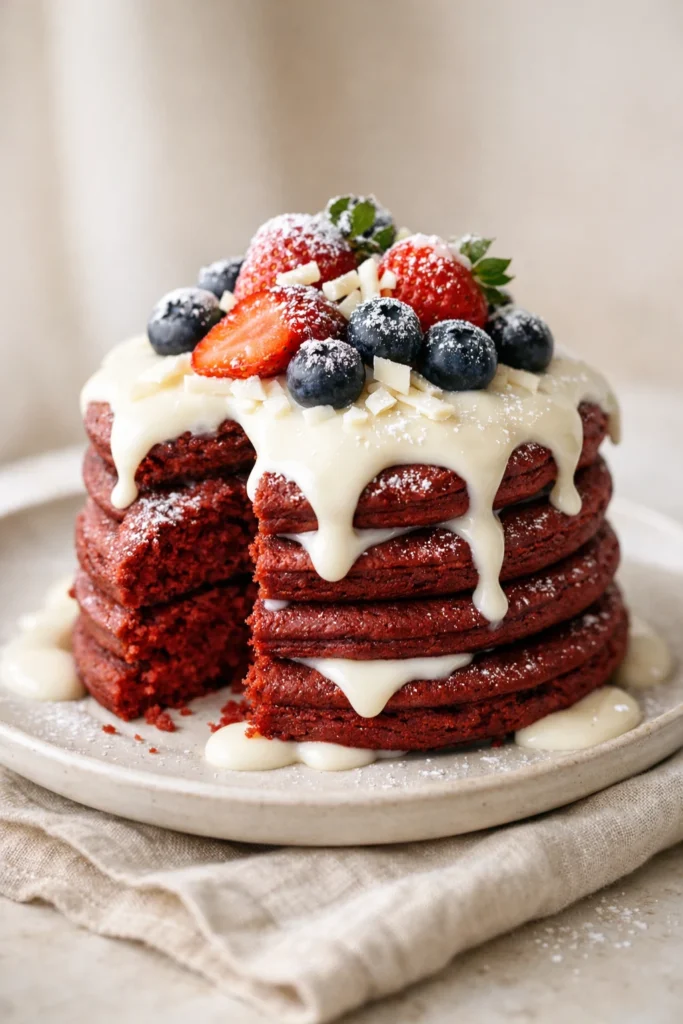 Red velvet pancakes stack with cream cheese glaze, strawberries and blueberries on top, soft fluffy texture