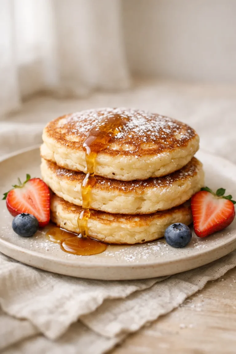 Sour cream pancakes with maple syrup and fresh berries