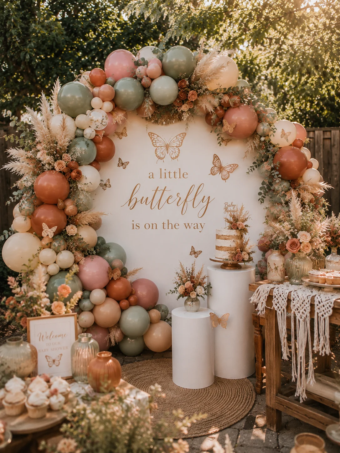 Boho butterfly baby shower backdrop.